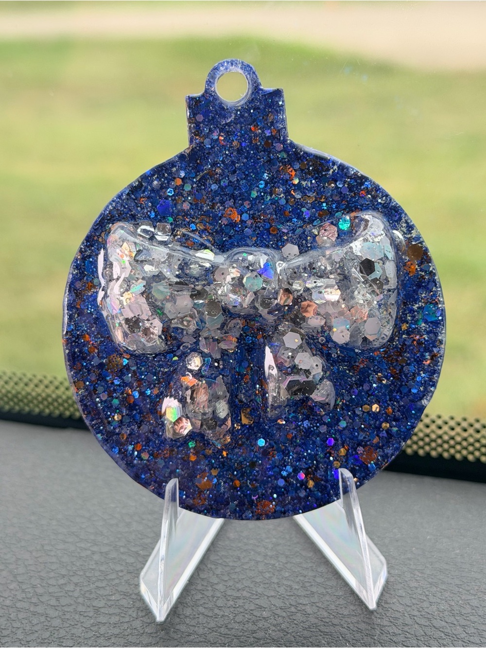 Handmade Blue Glitter Resin Ornament with Iridescent Bow